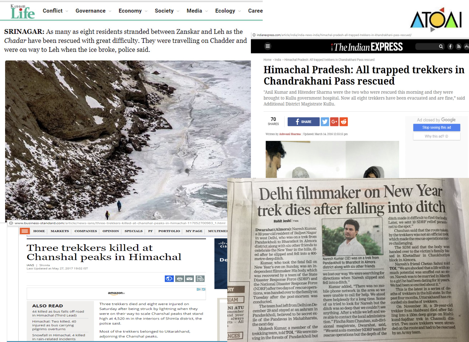 newspaper clippings showing deaths and injuries in the Indian mountains