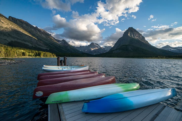 kayaks on a dock on a lake